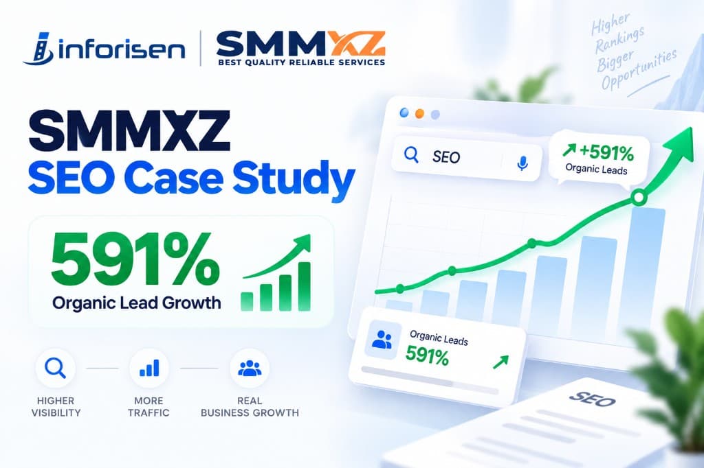 SMMXZ SEO case study highlighting 591% organic lead growth with higher visibility, more traffic, and real business growth